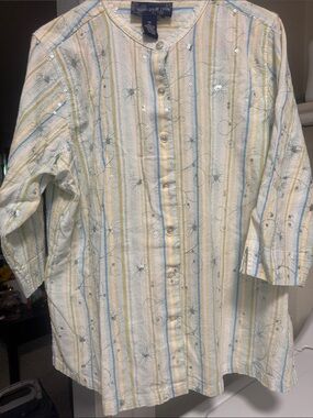 Susan Graver Blue, Yellow & White Striped Embroidered Button-Front Shirt